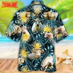 Charolais Cattle Blue And Yellow Tropical Plants Hawaiian Shirt