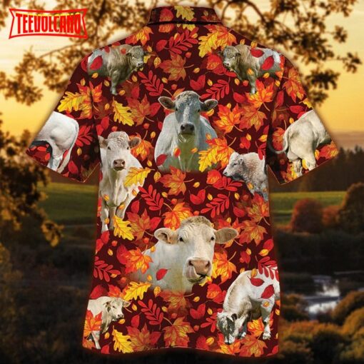 Charolais Cattle Lovers Autumn Red Leaves Hawaiian Shirt, Unisex Aloha Shirt