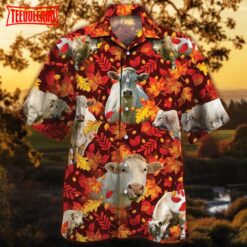 Charolais Cattle Lovers Autumn Red Leaves Hawaiian Shirt, Unisex Aloha Shirt