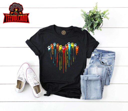 Colorful Dog Paw Heart Print T-Shirt