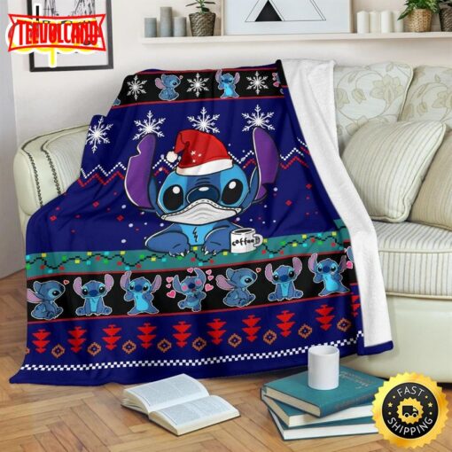 DN Stitch With Mask Christmas Pattern Blue Blanket Christmas