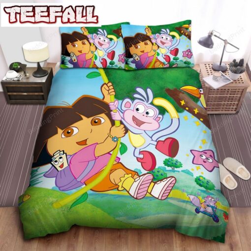 Dora The Explorer Swinging With Animal Friends Duvet Cover Bedding Sets