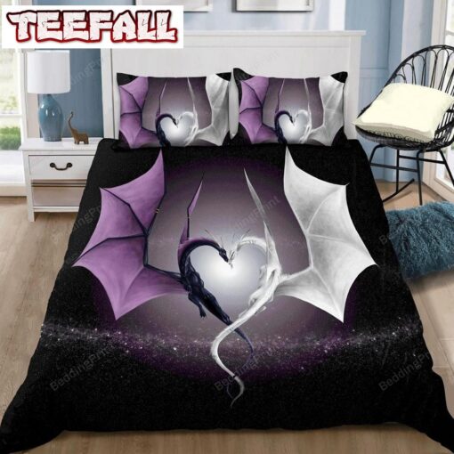 Dragon Couple Art Purple And White Duvet Cover Bedding Set