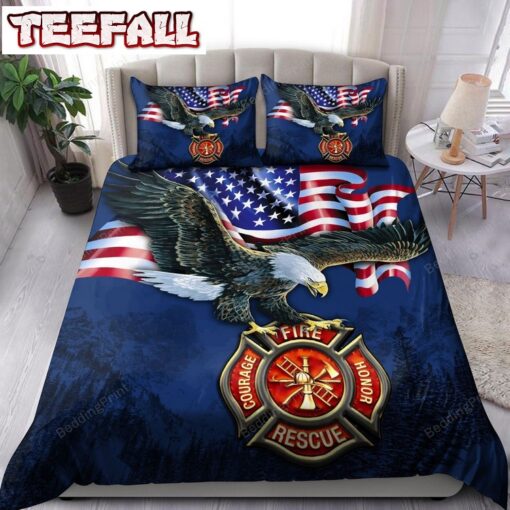 Eagle Firefighter American Flag Bedding Set Bed Sheets Duvet Cover