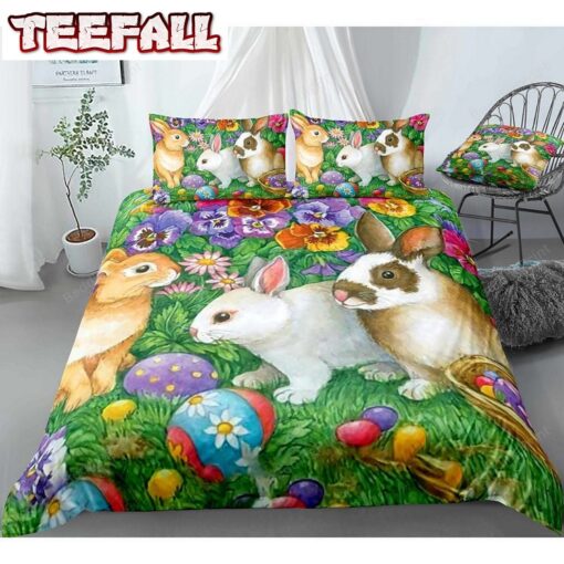 Easter Bunny In Flower Garden Bedding Set Bed Sheets Duvet Cover