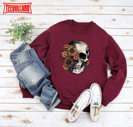 Floral Skull Shirt, Skull and Sunflower Halloween Shirt