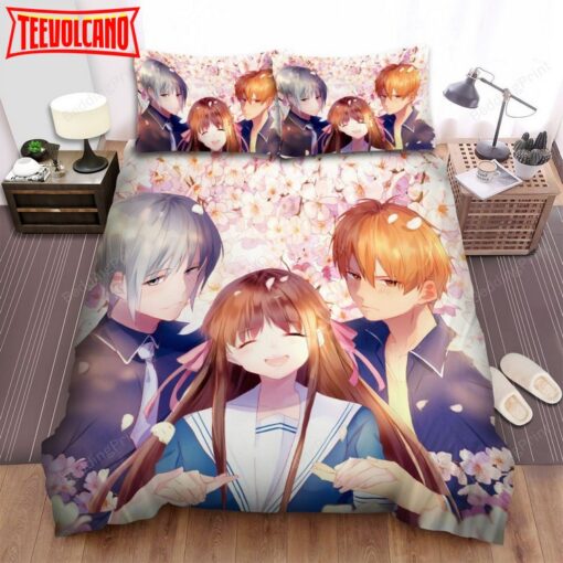 Fruits Basket Characters With Sakura Flowers Bed Sheets Duvet Cover Bedding Sets_