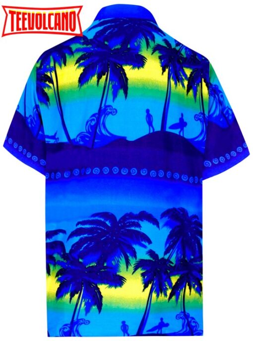 Funky Palm Tree Front Pocket Short Sleeve Hawaiian Shirt XL Blue