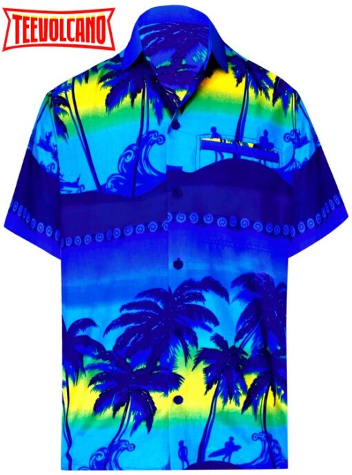 Funky Palm Tree Front Pocket Short Sleeve Hawaiian Shirt XL Blue