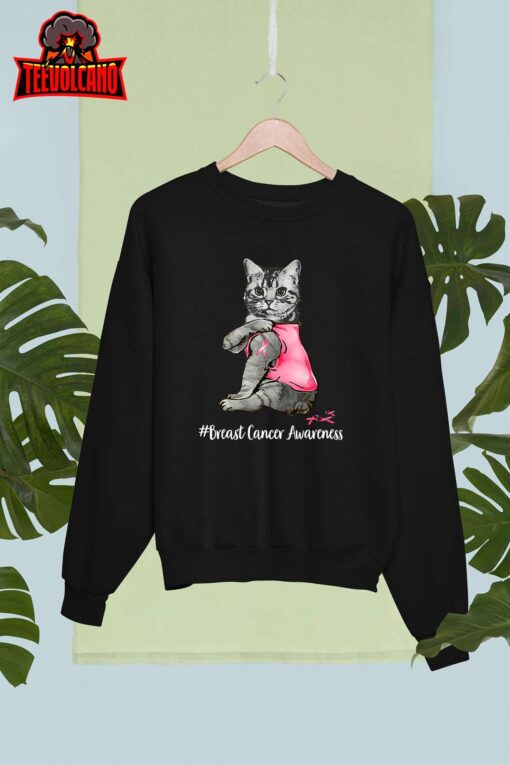 Funny Cat Pink Ribbon In October We Wear Pink Breast Cancer T-Shirt