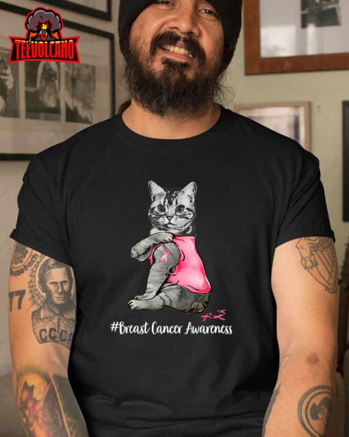 Funny Cat Pink Ribbon In October We Wear Pink Breast Cancer T-Shirt