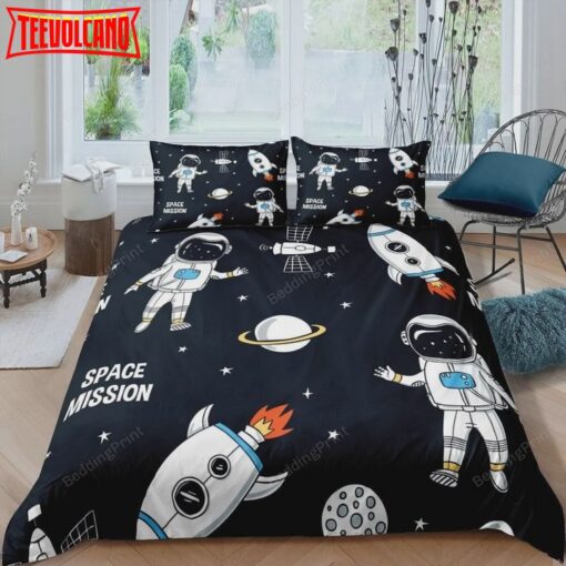 Galaxy Outer Space Cartoon Astronaut Rocket Bed Sheets Duvet Cover Bedding Sets