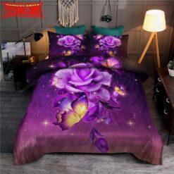 Galaxy Purple Butterfly And Rose Bed Sheets Duvet Cover Bedding Sets