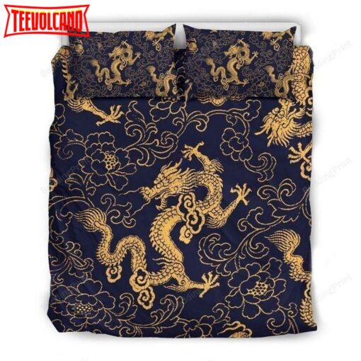 Gold Japanese Dragon Bed Sheets Duvet Cover Bedding Sets