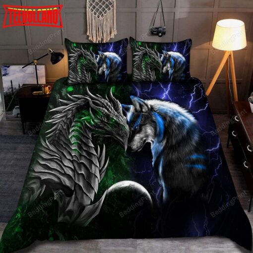 Green And Blue Dragon And Wolf Bed Sheets Spread Duvet Cover Bedding Set