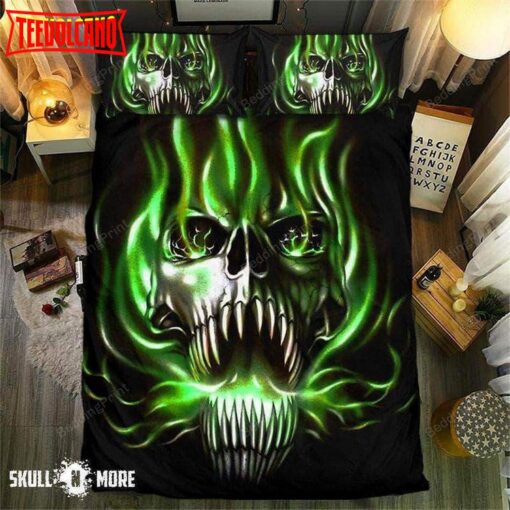 Green Flame Screaming Skull Bedding Set Duvet Cover &amp Pillow Cases