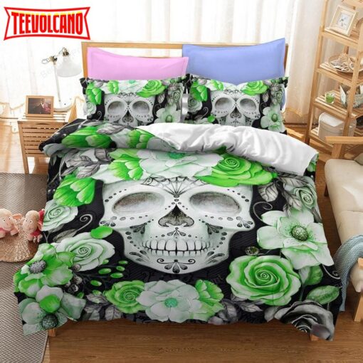 Green Flower Sugar Skull Bed Sheets Duvet Cover Bedding Sets