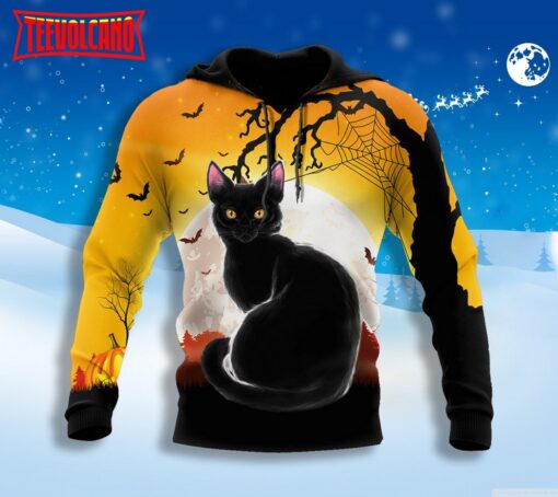 Halloween Black Cat 3D Full Printed Hoodie, Black Cat Pumpkin Halloween 3D Hoodie