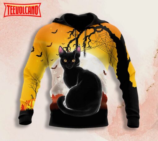 Halloween Black Cat 3D Full Printed Hoodie, Black Cat Pumpkin Halloween 3D Hoodie