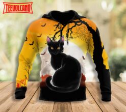 Halloween Black Cat 3D Full Printed Hoodie, Black Cat Pumpkin Halloween 3D Hoodie