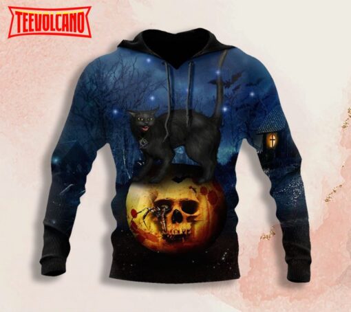 Halloween Skull Black Cat Pumpkin Full Printed 3D Hoodie