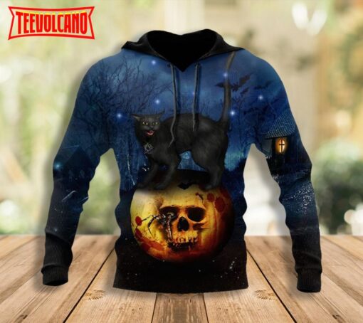 Halloween Skull Black Cat Pumpkin Full Printed 3D Hoodie