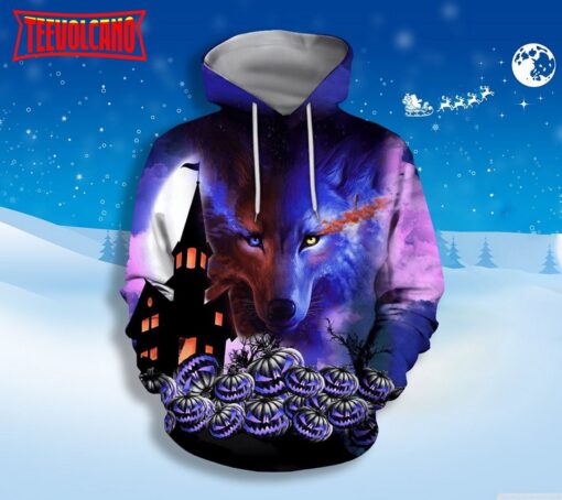 Halloween Wolf 3D Hoodie, Wolf and Pumpkin Halloween Hoodie For Fan