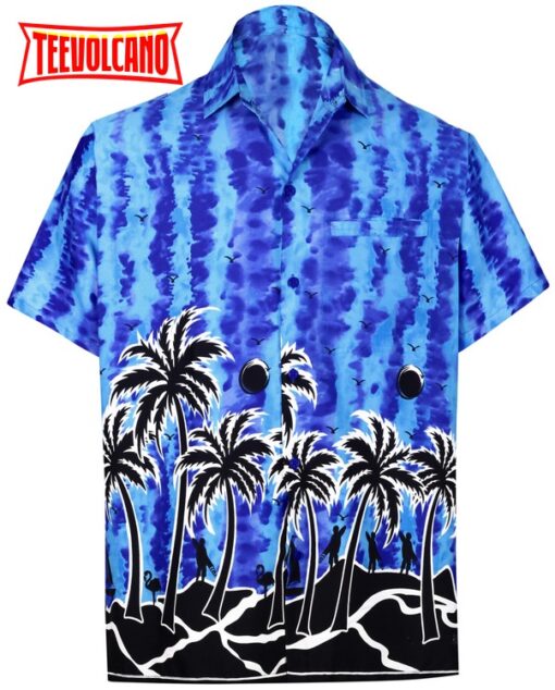 Hawaii summer shirt Casual Button Down Short Sleeve Beach Shirt Men Aloha Pocket shirt Blue