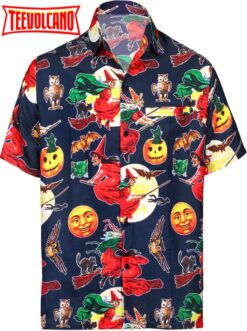 Hawaiian Scary Halloween Party Costume Pumpkin Witch Shirt Royal Navy Blue