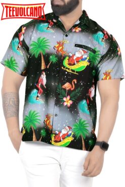 Hawaiian Shirt Aloha Christmas Santa front Pocket Short sleeve Black