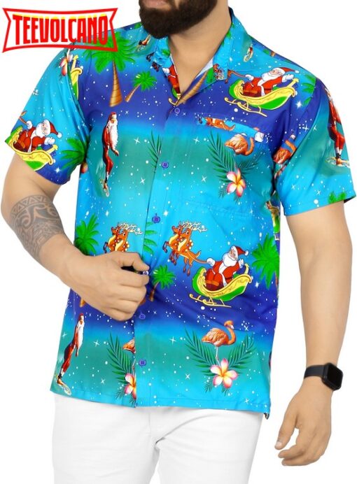 Hawaiian Shirt Aloha Christmas Santa front Pocket Short sleeve Blue