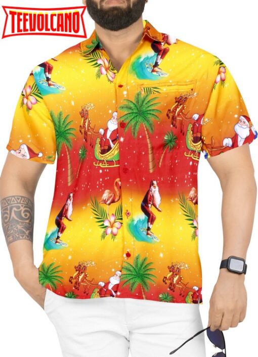 Hawaiian Shirt Aloha Christmas Santa front Pocket Short sleeve Orange