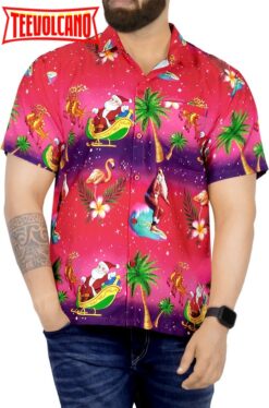 Hawaiian Shirt Aloha Christmas Santa front Pocket Short sleeve Pink