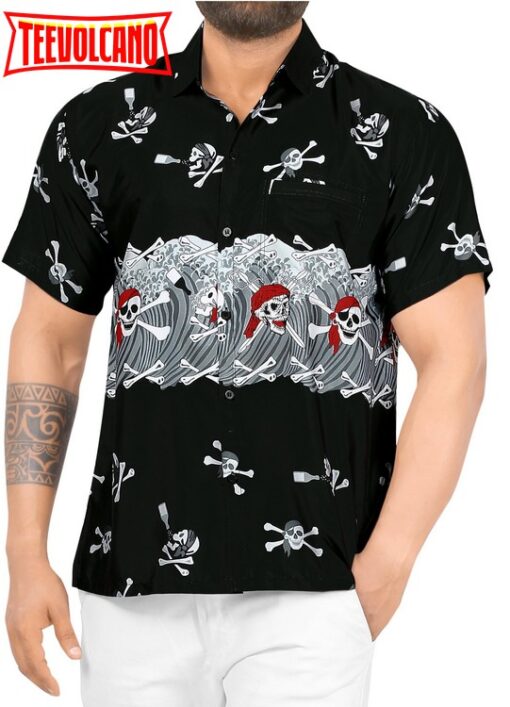 Hawaiian Shirt Aloha Tropical Beach front Pocket Short sleeve Halloween Black