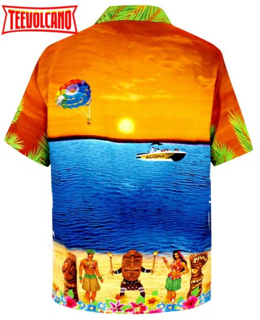 Hawaiian Shirt Aloha Tropical Beach front Pocket Short sleeve Orange