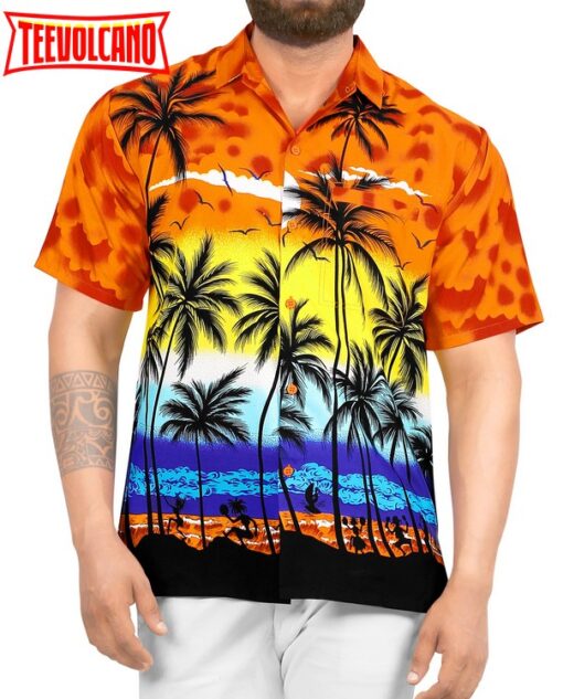 Hawaiian Shirt Aloha Tropical Beach front Pocket Short sleeves Orange