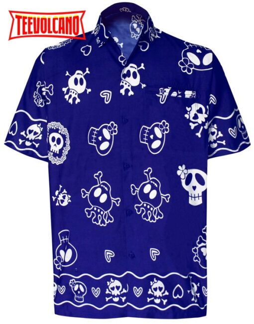 Hawaiian Shirt for Aloha Tropical Beach front Short Sleeve for Men Skull Printed Blue