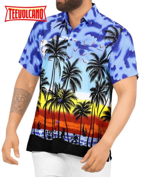 Hawaiian Shirt for Aloha Tropical Beach front Short Sleeve for Mens Blue