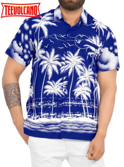 Hawaiian Shirt for Aloha Tropical Beach front Short sleeve Palm Tree Printed Blue