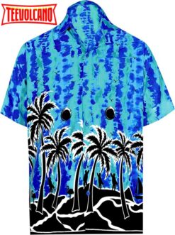 Hawaiian Shirt for Men Short Sleeve Front-Pocket Beach Palm Tree Blue