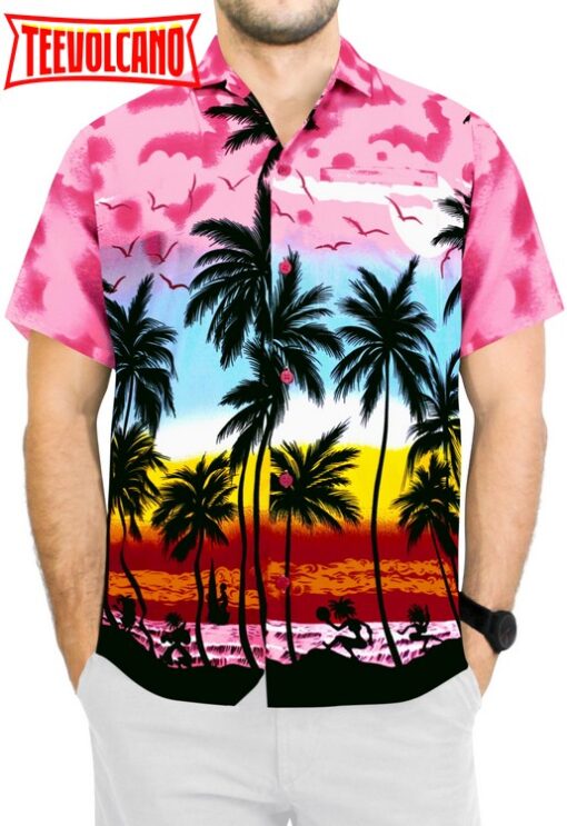 Hawaiian Shirt for Men Short Sleeve Front-Pocket Beach Palm Tree pink