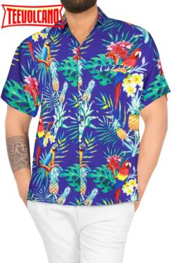 Hawaiian Shirt for Men’s Parrot and Tropical Palm Leaves-Down Shirt (Blue)