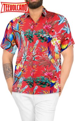 Hawaiian Shirt for Men’s Parrot and Tropical Palm Leaves Print Button-Down Shirt (Red)