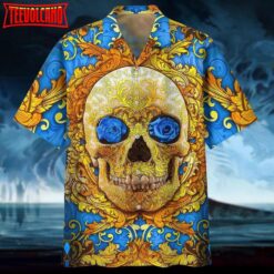 Hawaiian Shirts With Skull, Blue Flowers Skull Hawaii Aloha Beach Shirts, Skull Hawaiian Shirt