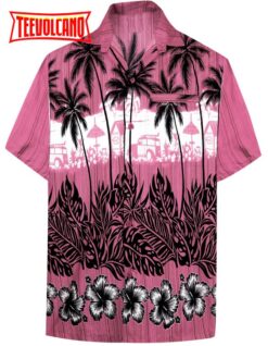 Men’s Support Pink Breast Cancer Shirt Hawaiian Short Sleeve Tropical Aloha Patio Shirt Pink