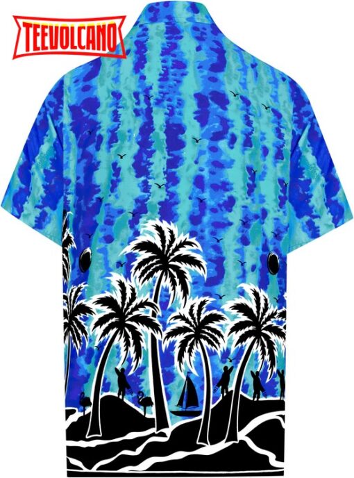 Palm Tree shirt Button Down Short Sleeve Beach Shirt Men Aloha Pocket shirt Blue