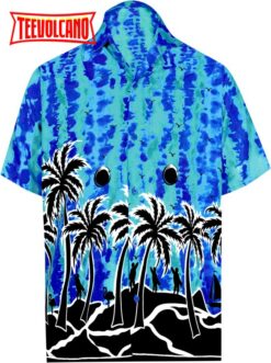 Palm Tree shirt Button Down Short Sleeve Beach Shirt Men Aloha Pocket shirt Blue