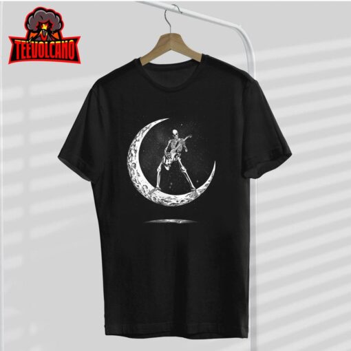 Rock On Skeleton Moon Rock And Roll Funny Halloween T-Shirt