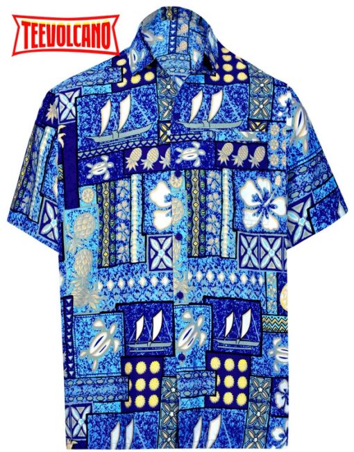 Shirt Casual Button Down Short Sleeve Beach hawaii shirt Men Aloha Pocket Blue