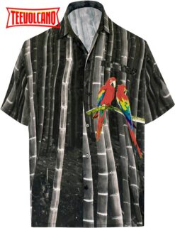 Shirt Casual Button Down Short Sleeve Beach parrot printed Shirt Men Pocket HD Black